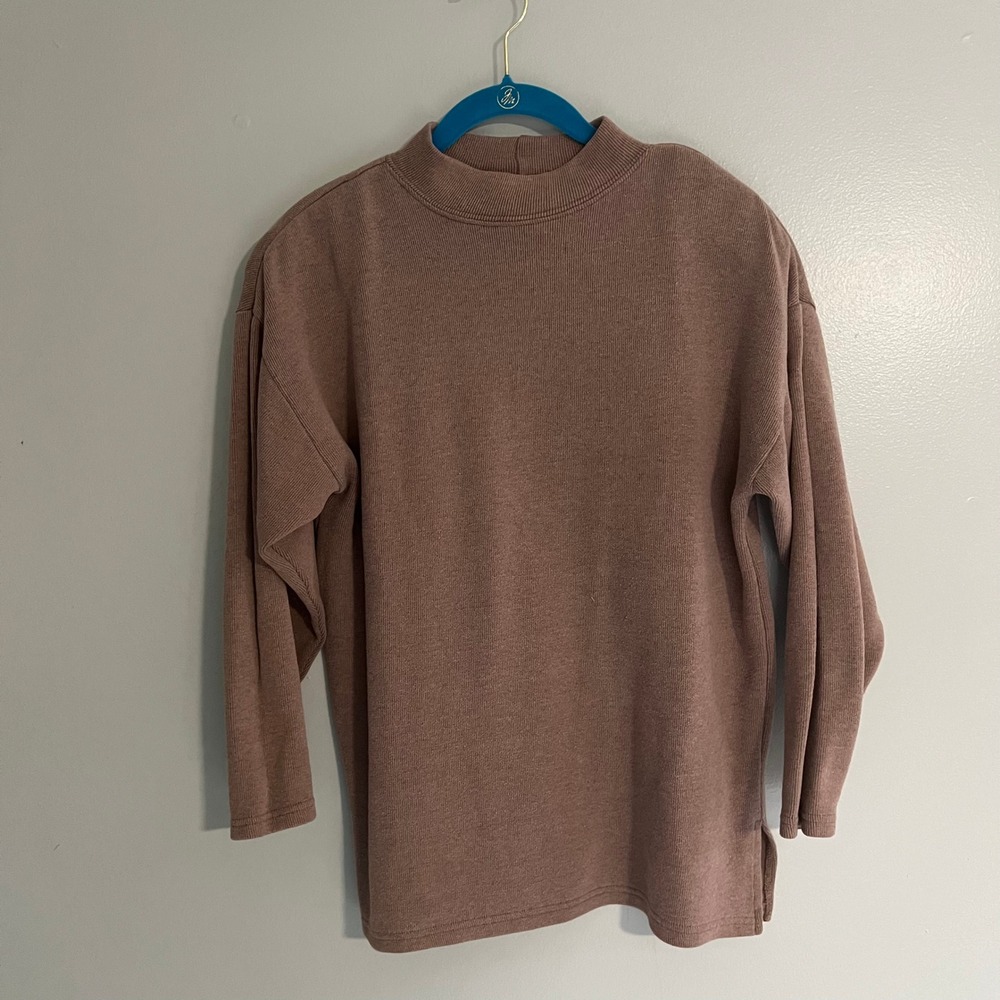 Vintage Style New York Mock Neck Ribbed Sweater Mauve Brown Size L Side Slits
